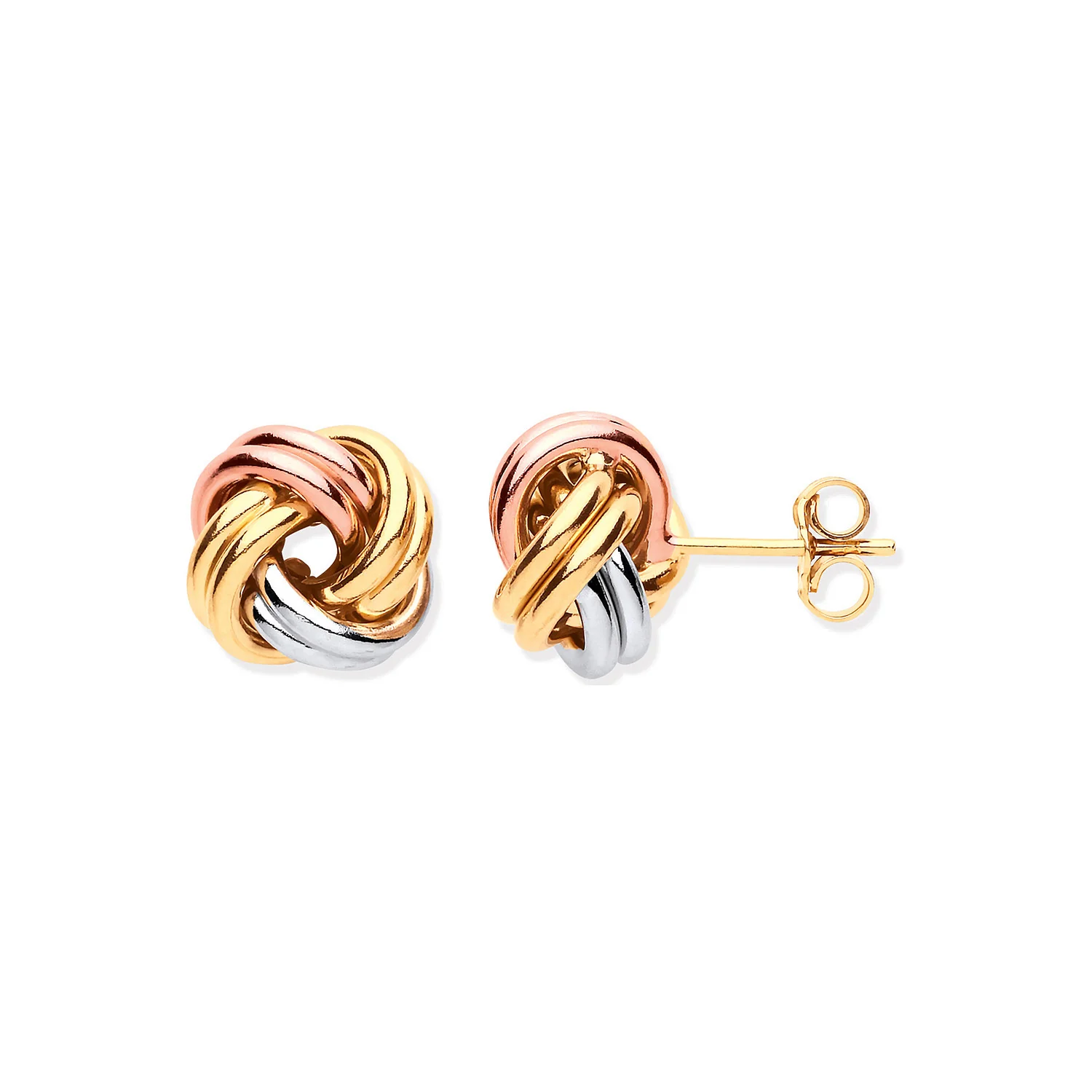 White Yellow & Rose Gold 11mm Knot Studs - 9ct Gold - Image 2