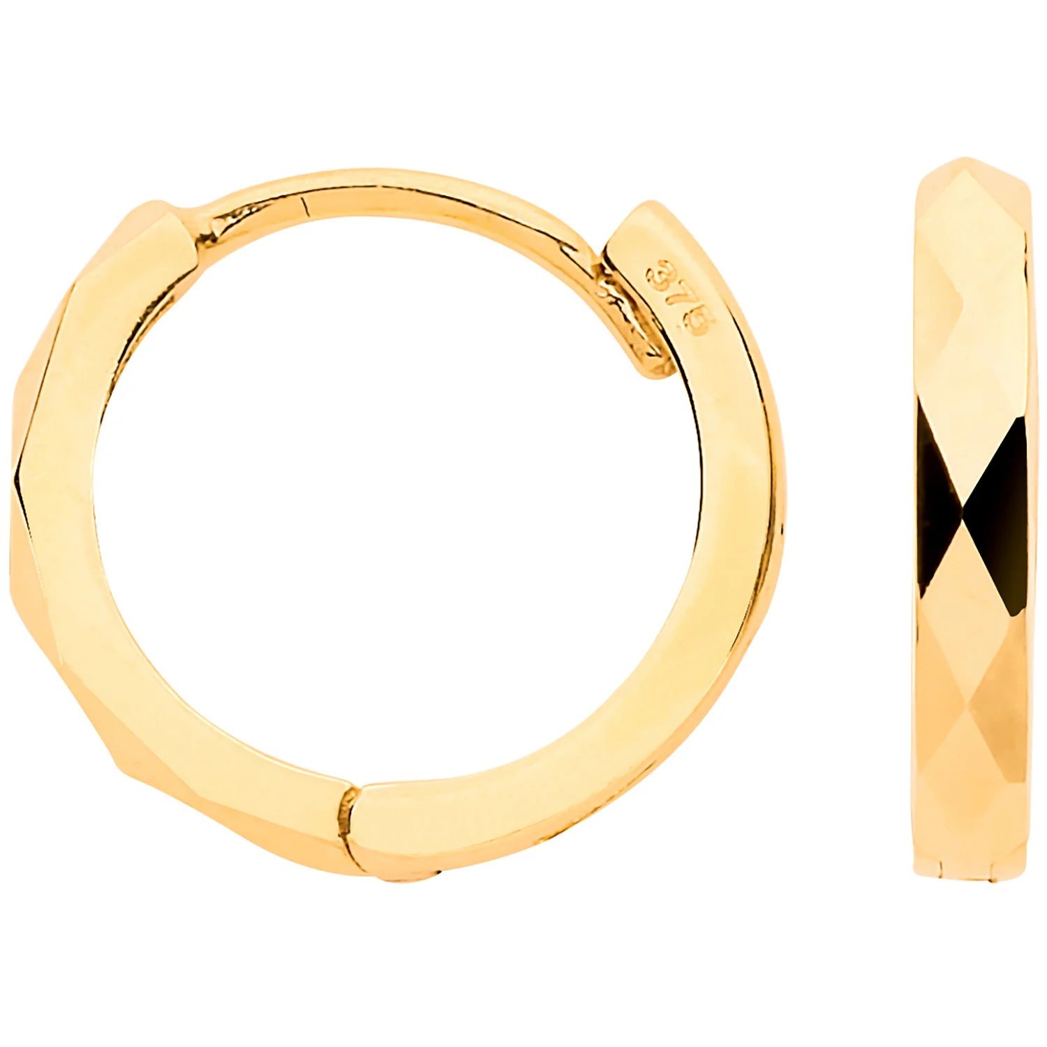 Yellow Gold 12mm Diamond Cut Hinged Huggies Earrings - 9ct Gold - Image 2