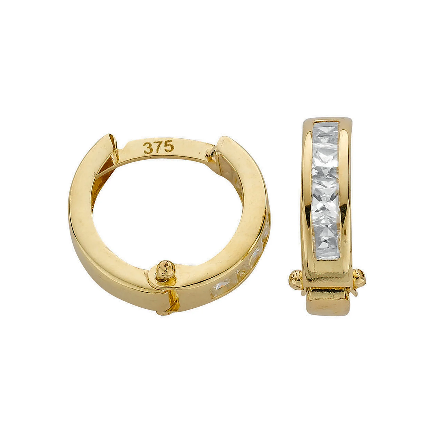 Yellow Gold 12mm Princess Cut Cubic Zirconia Hinged Huggies - 9ct Gold - Image 2