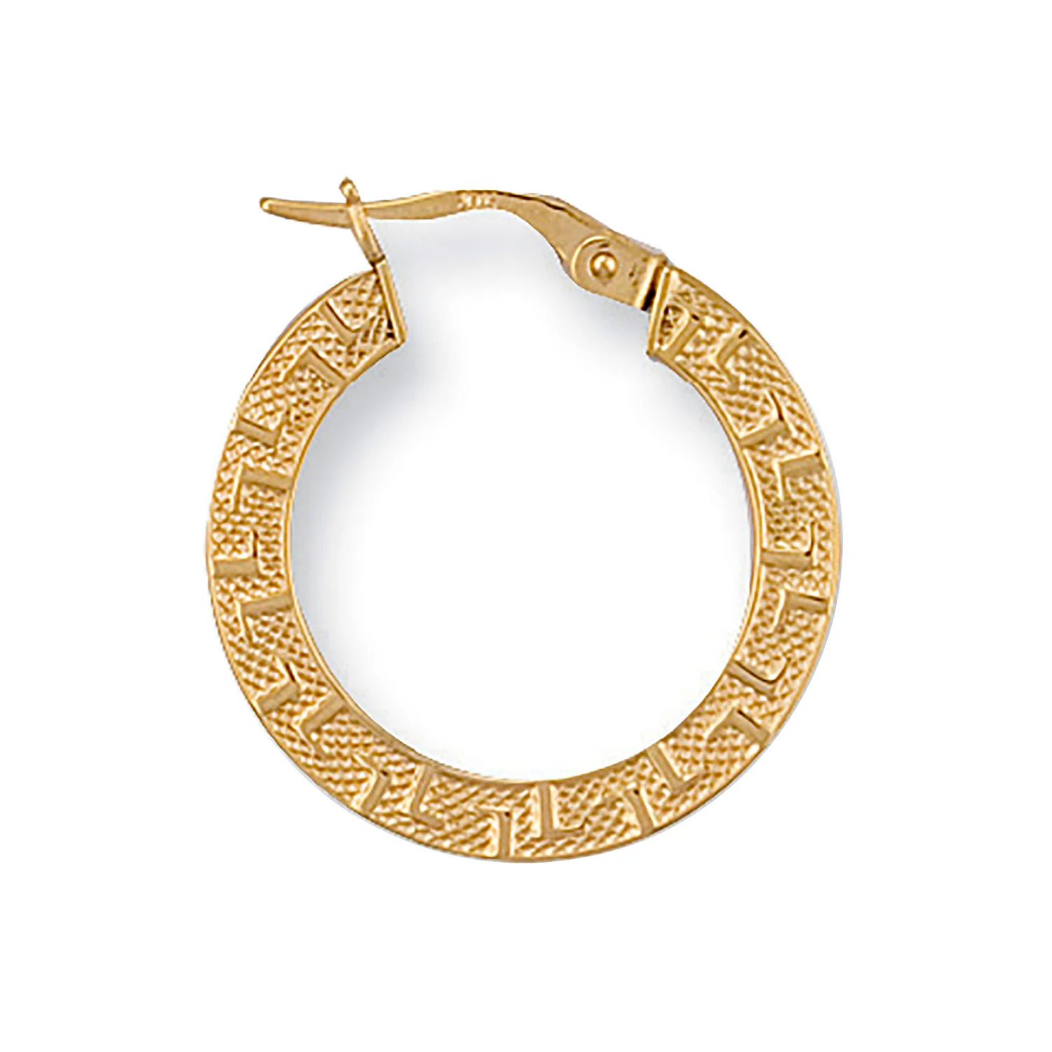 Yellow Gold 22mm Frosted Greek Key Hoop Earrings - 9ct Gold - Image 2