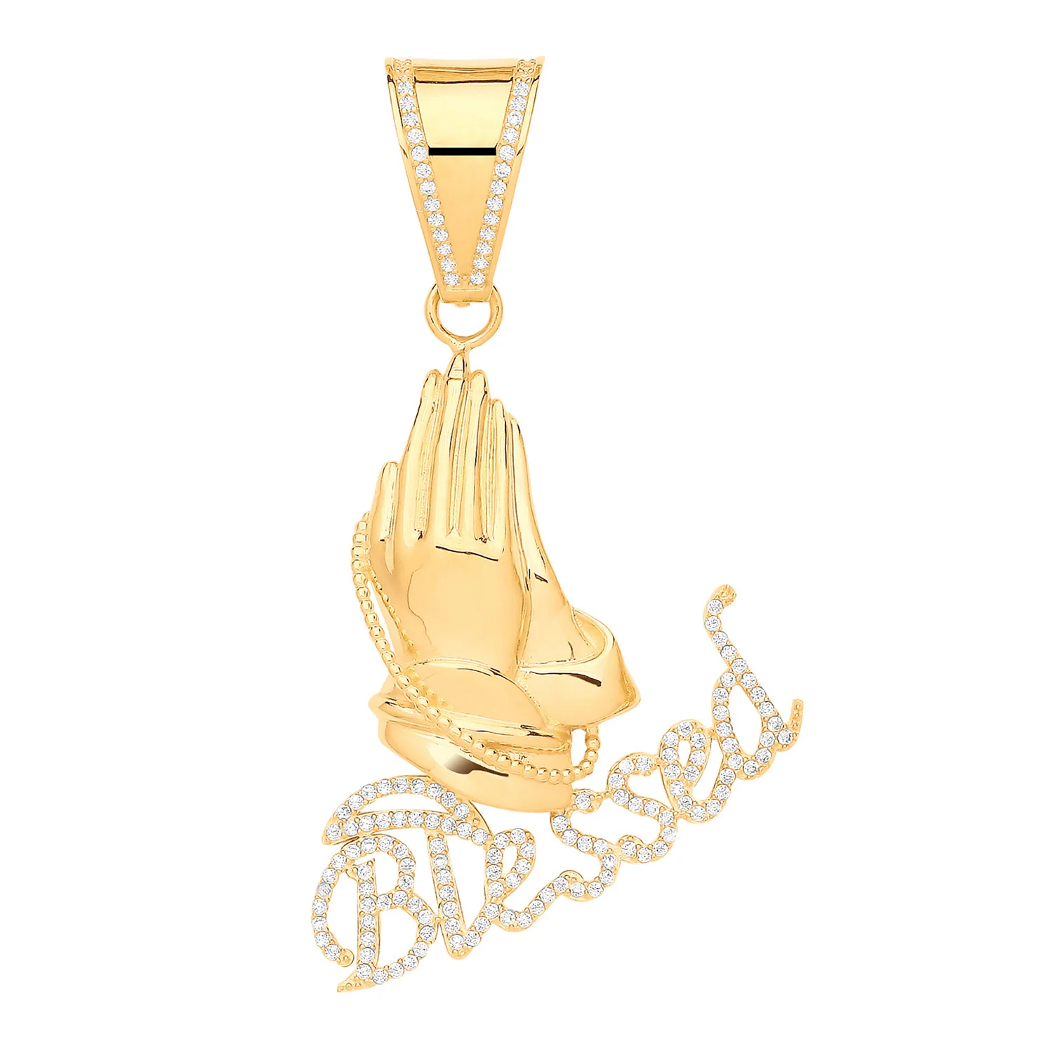 Yellow Gold Blessed, Praying Hands Cubic Zirconia Pendant - 9ct Gold - Image 2