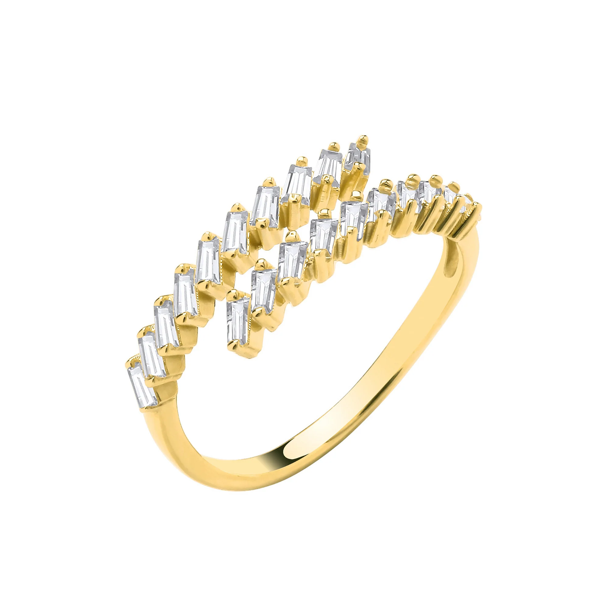 Yellow Gold Cross-Over Cubic Zirconia Baguettes Ladies Ring - 9ct Gold - Image 2