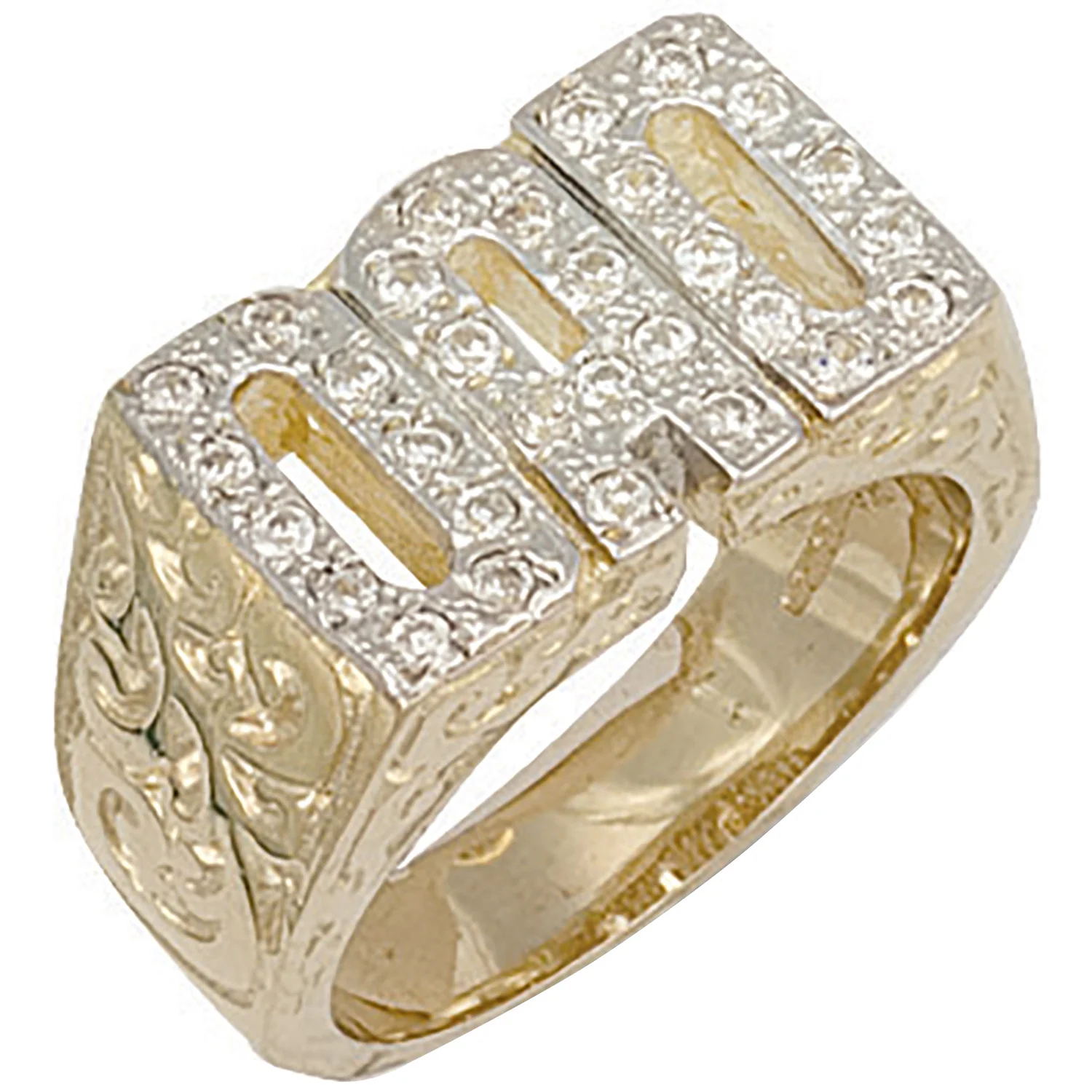 Yellow Gold Cubic Zirconia Barked Sides Dad Ring - 9ct Gold - Image 2
