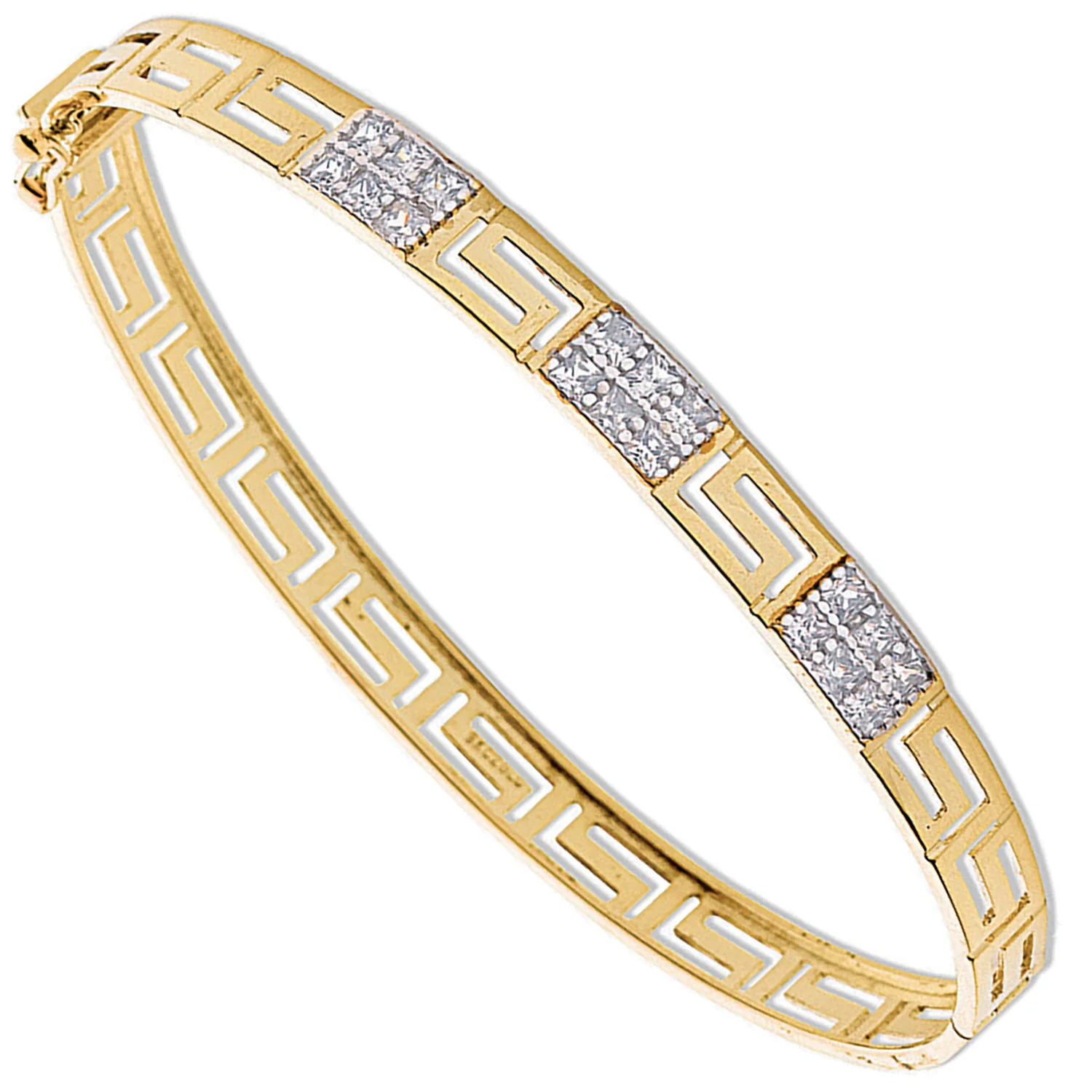 Yellow Gold Cubic Zirconia Greek Key Bangle - 9ct Gold - Image 2