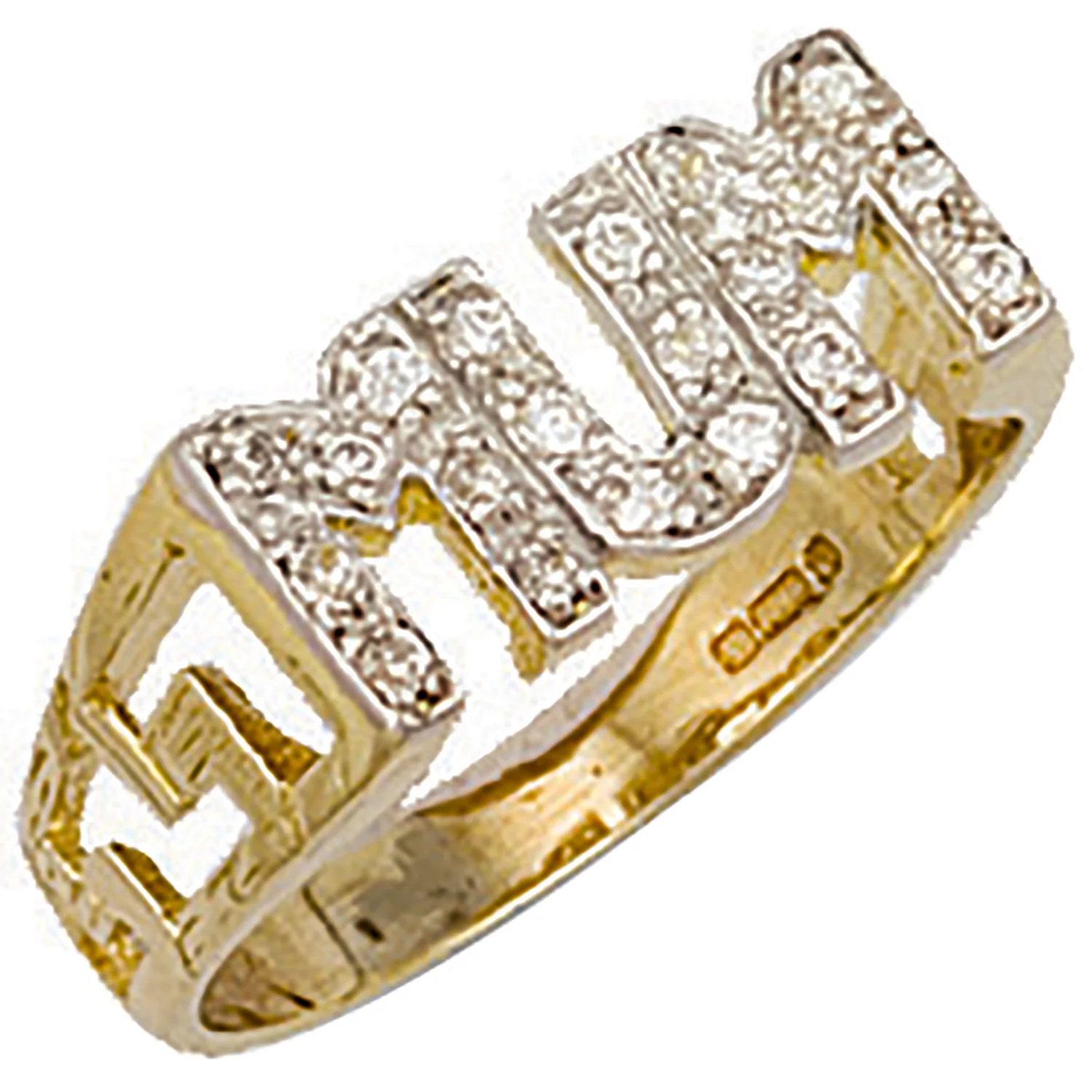 Yellow Gold Cubic Zirconia ID Sides Mum Ring - 9ct Gold - Image 2
