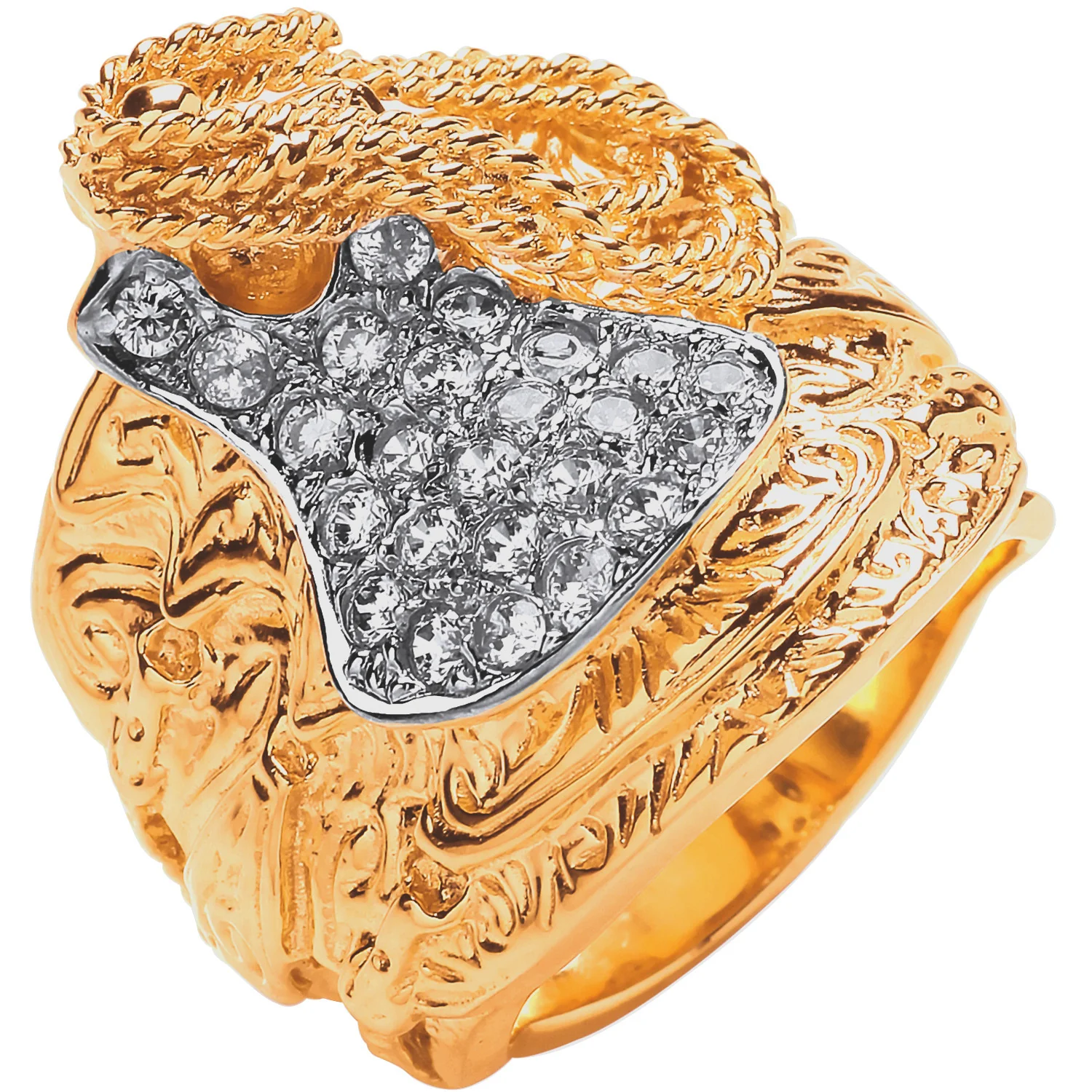 Yellow Gold Cubic Zirconias Saddle Gents Ring - 9ct Gold - Image 2
