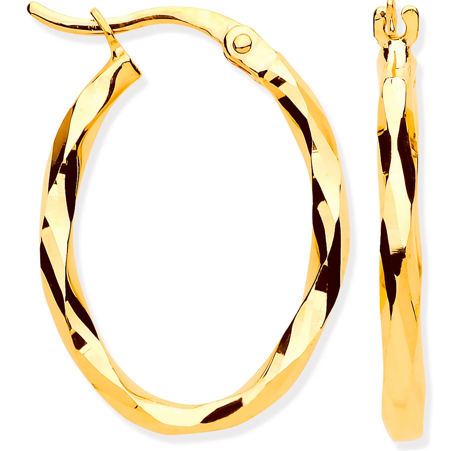 Yellow Gold Faceted OVAL Hoop Earrings - 9ct Gold - Image 2