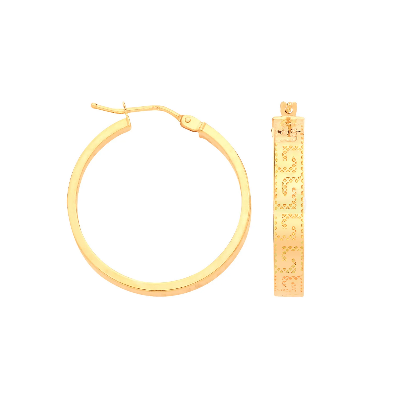 Yellow Gold Greek Key 23mm Hoop Earrings - 9ct Gold - Image 2