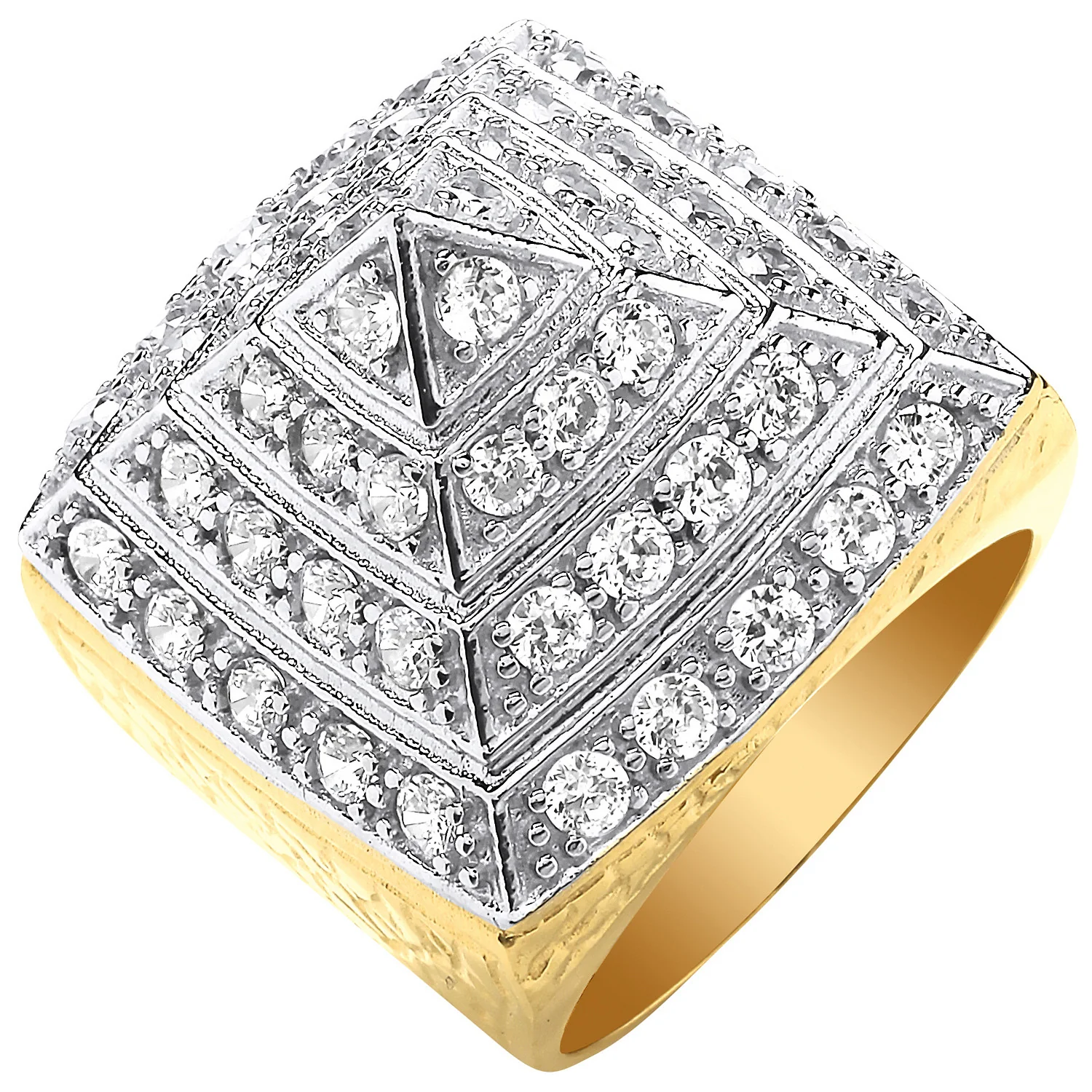 Yellow Gold Large Cubic Zirconia Pyramid Gents Ring - 9ct Gold - Image 2