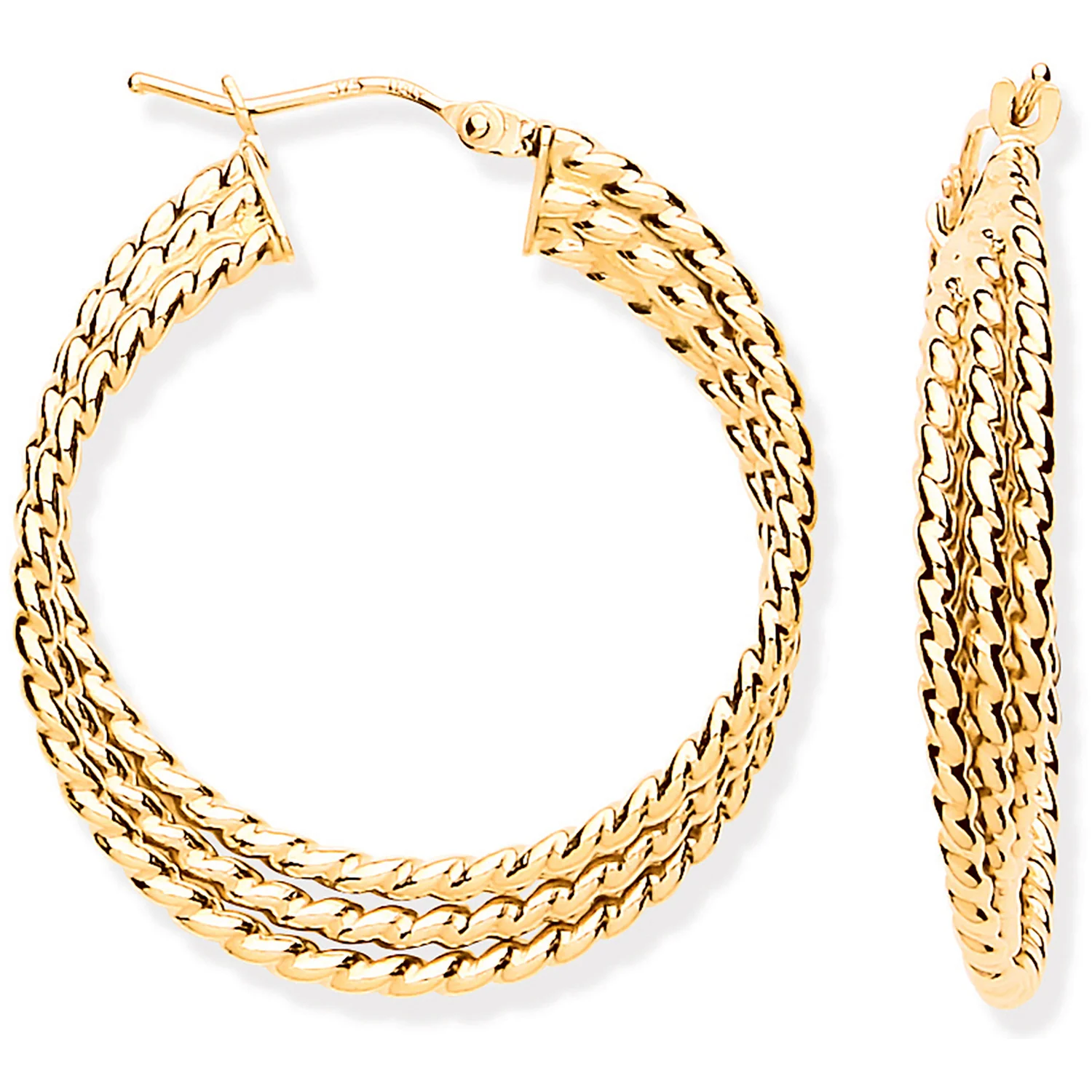 Yellow Gold Large Triple Layer Ribbed Hoop Earrings - 9ct Gold - Image 2