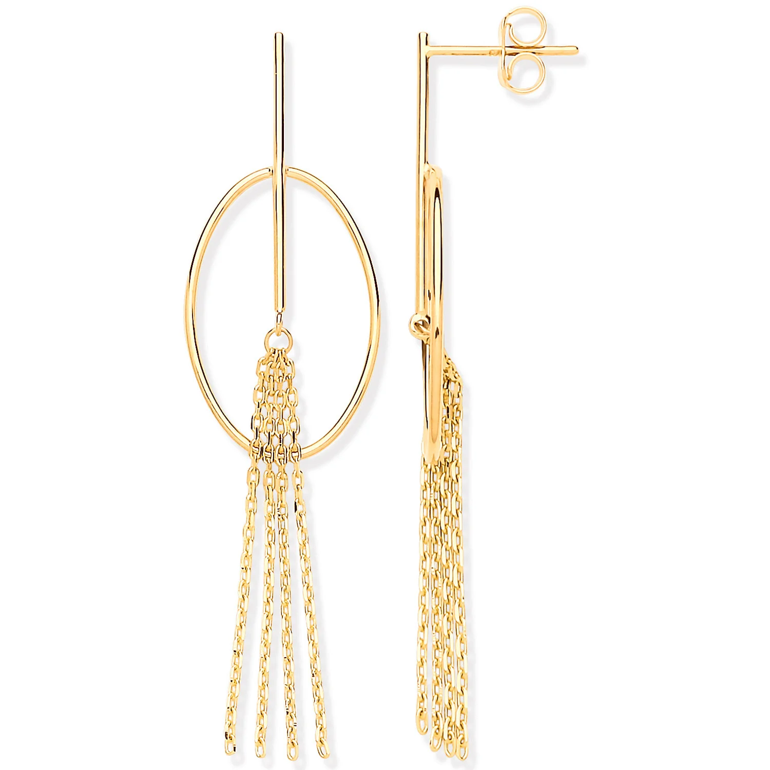 Yellow Gold Oval Tube Tassel Drop Earrings - 9ct Gold - Image 2