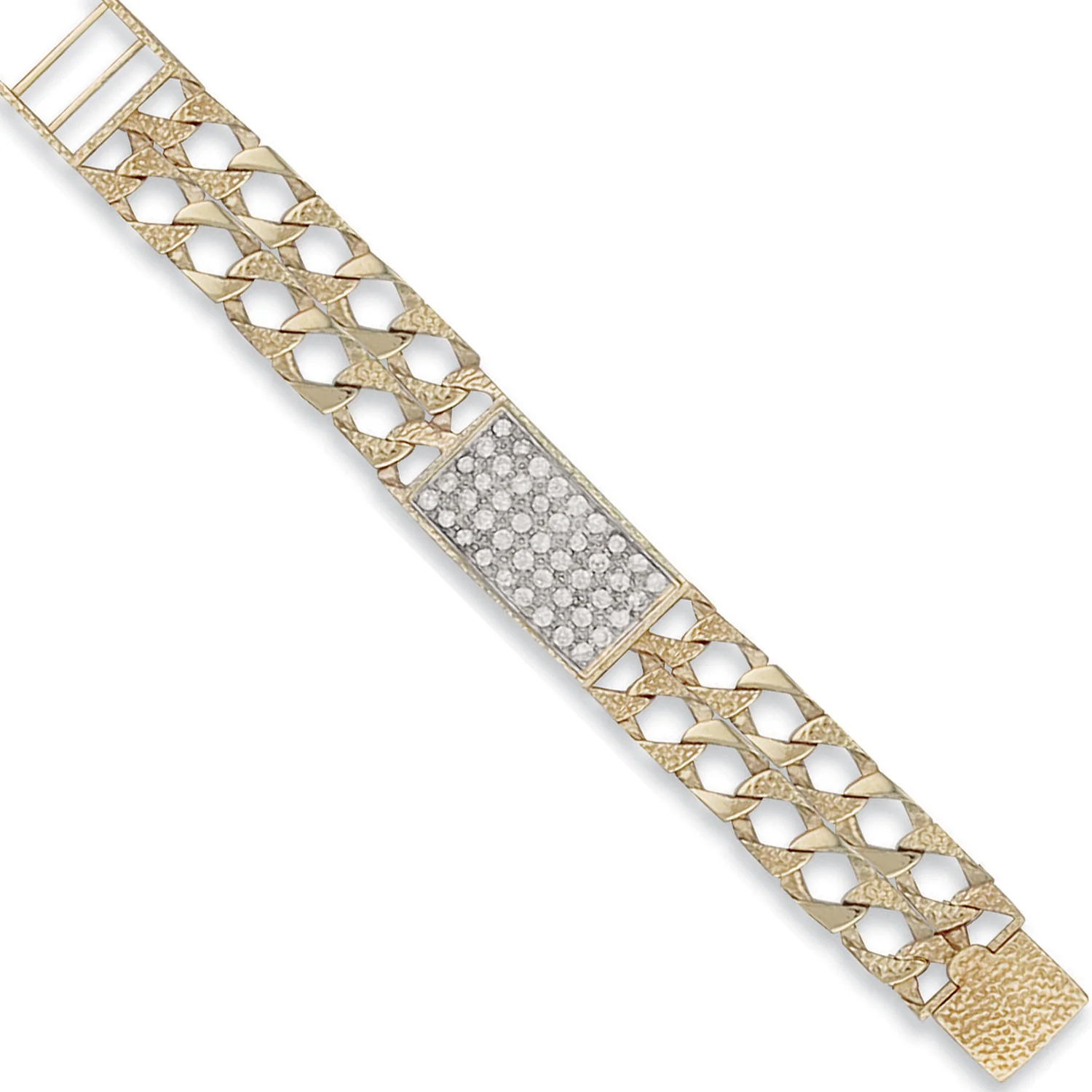Yellow Gold Plain & Bark Casted Curb Baby Cubic Zirconia ID Bracelet - 9ct Gold - Image 2