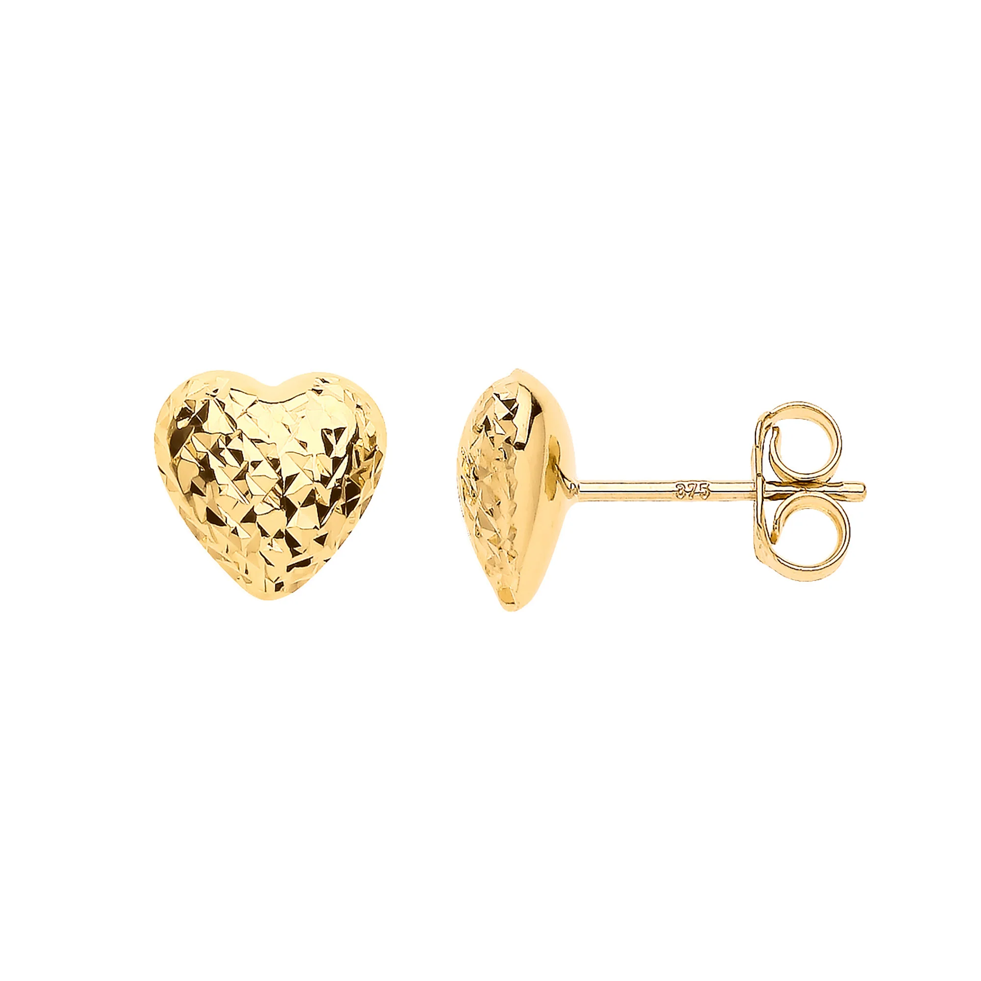 Yellow Gold Puffed D/C Heart Stud Earrings - 9ct Gold - Image 2
