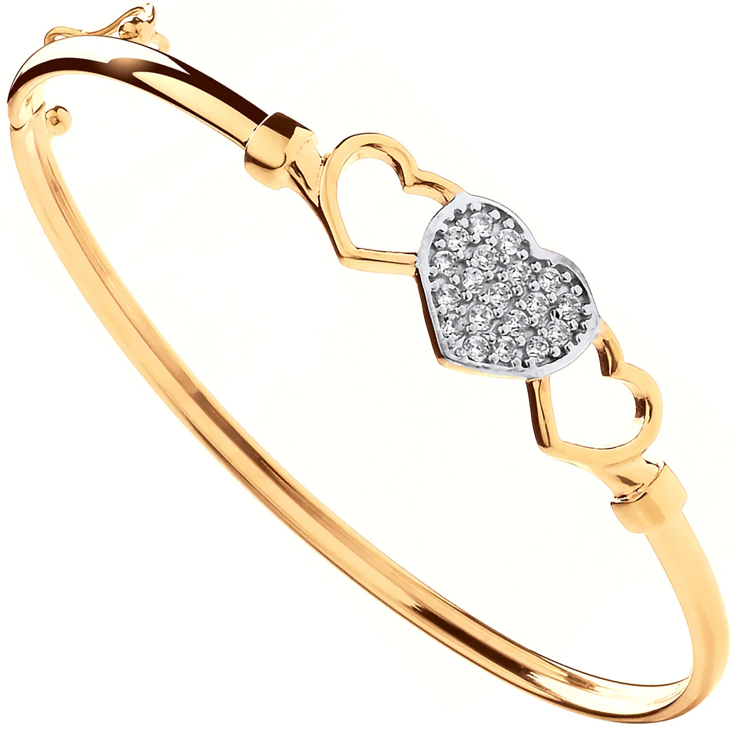 Yellow Gold Three Hearts, Cubic Zirconia Baby Bangle - 9ct Gold - Image 2