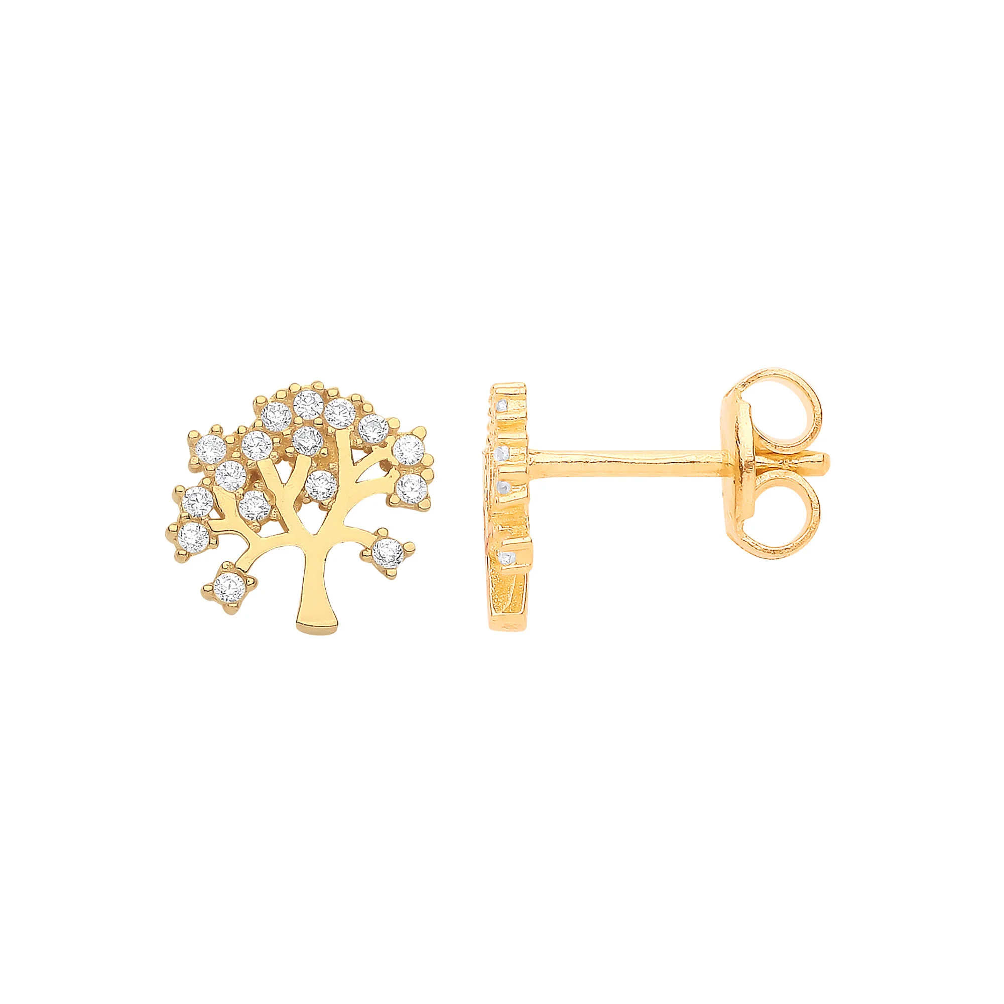 Yellow Gold Tree of Life Stud Cubic Zirconia Earrings - 9ct Gold - Image 2
