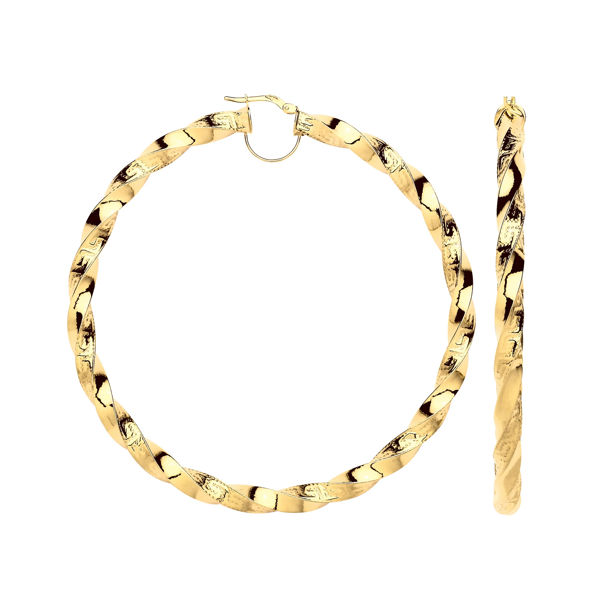 Yellow Gold Twisted Greek Key 75mm Hoop Earrings - 9ct Gold - Image 2