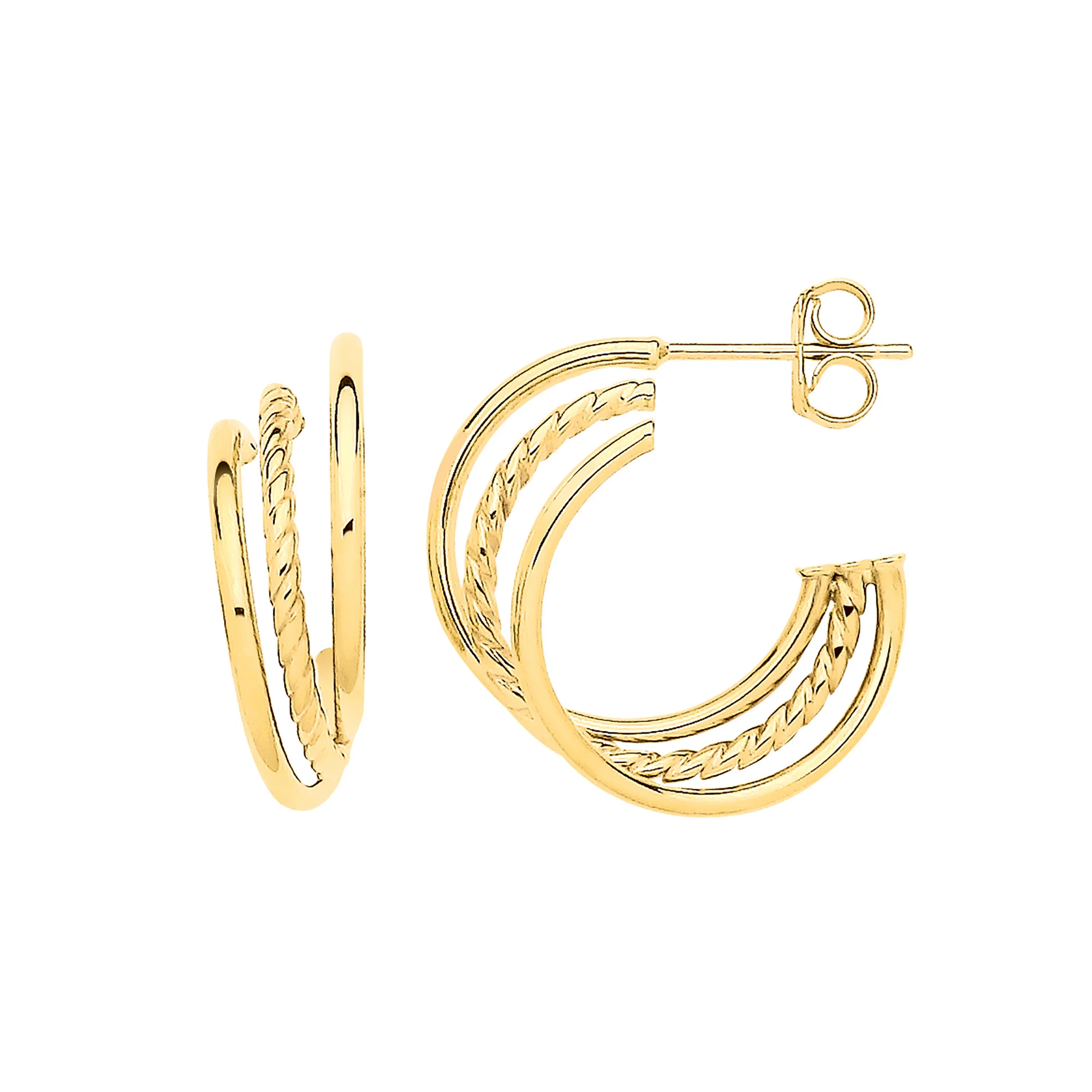 Yellow Gold Upside-Down Triple Hoop Earrings - 9ct Gold - Image 2