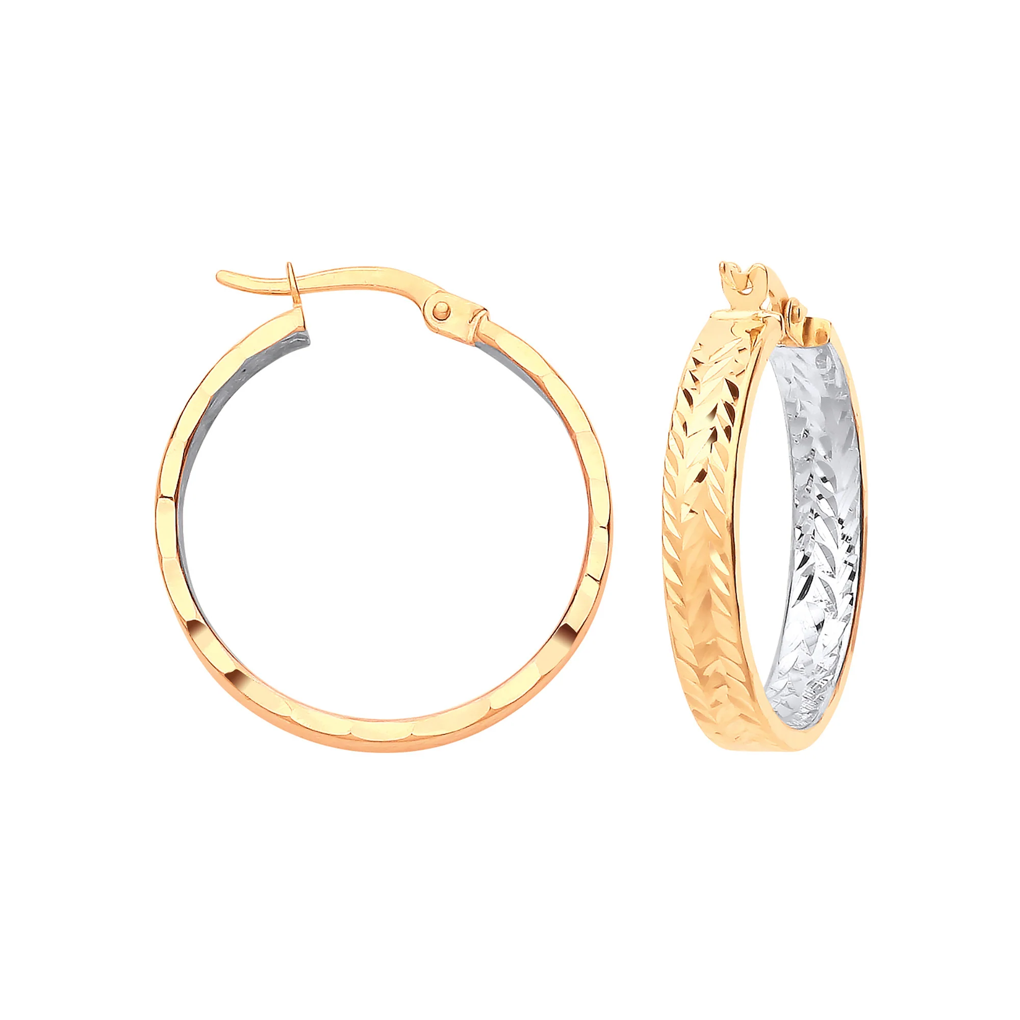 Yellow Gold & White Gold Inside Tyre Tread Design Hoop Earrings - 9ct Gold - Image 3