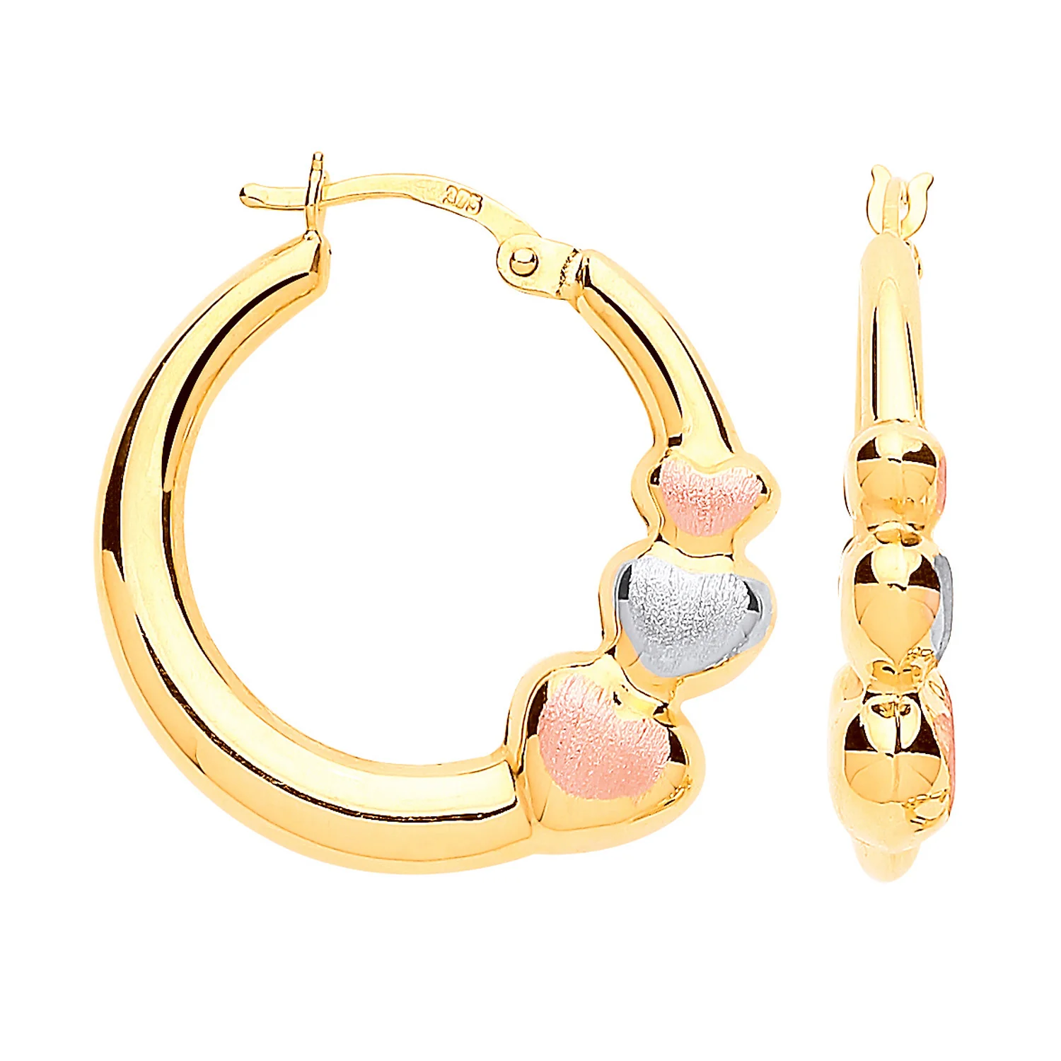 Yellow Gold with R&White Gold Satin Finish Large Hearts Hoop Earrings - 9ct Gold - Image 4