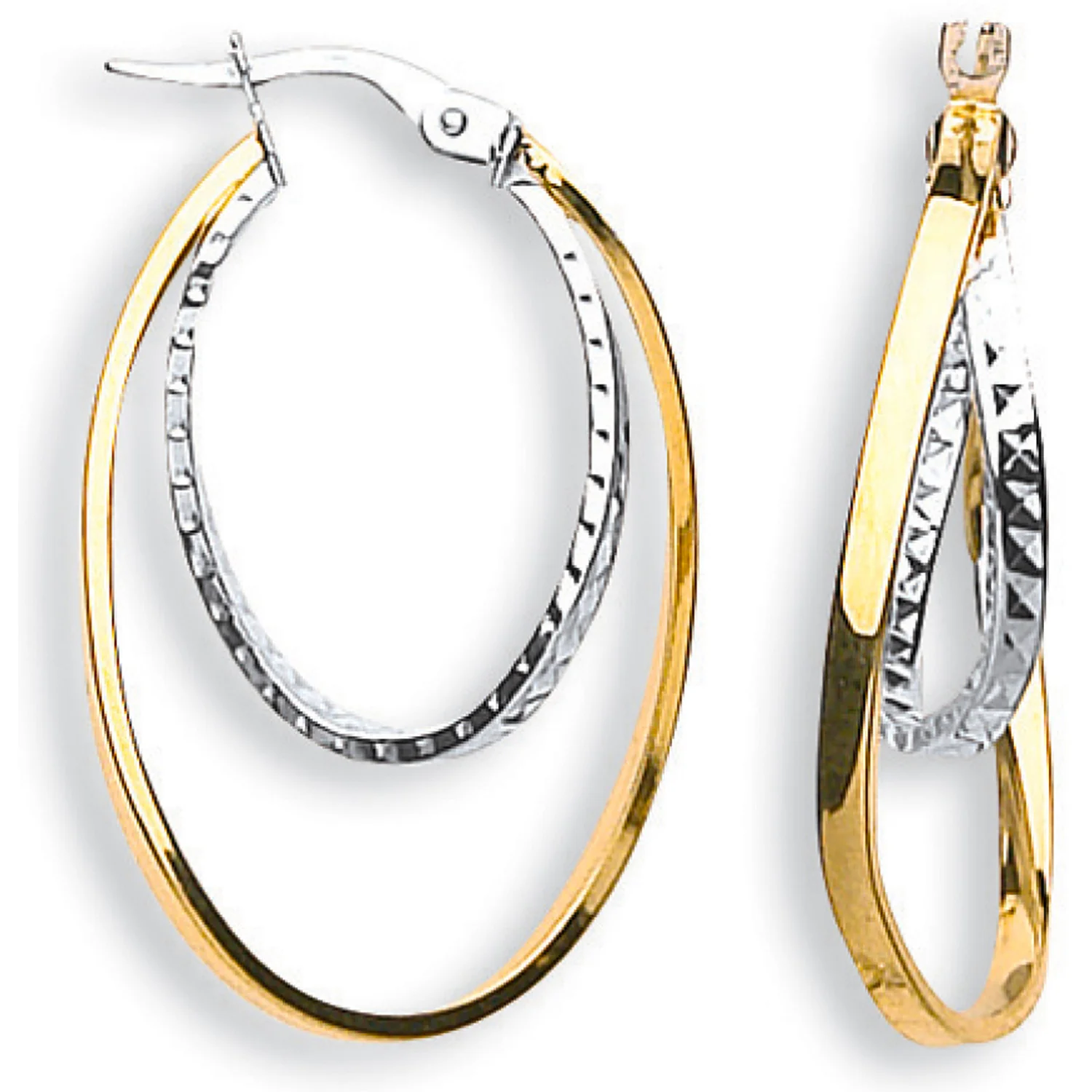 Yellow & White Gold Double Oval Hoop Earrings - 9ct Gold - Image 2