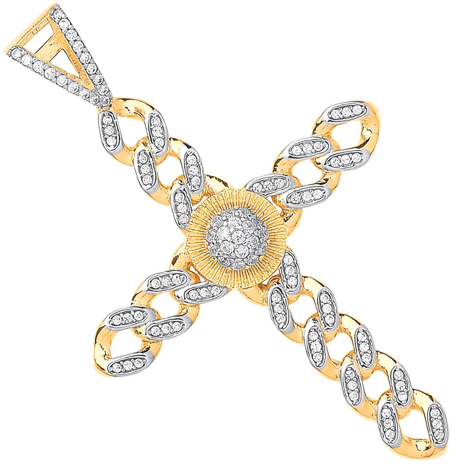 Yellow & White Gold Large Round Charm Cubic Zirconia Curb Link Cross - 9ct Gold - Image 2