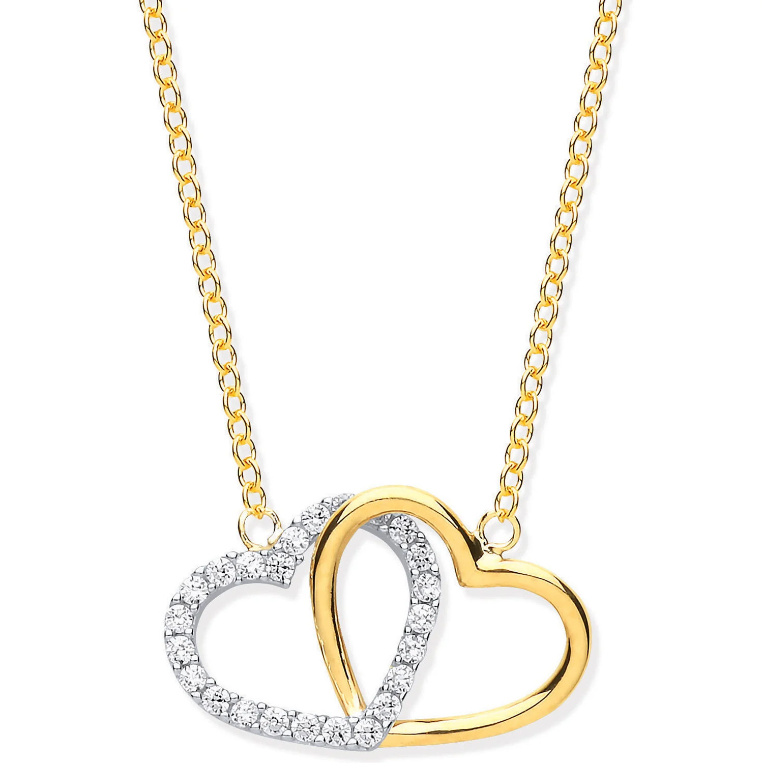 Yellow & White Gold Plain and Cubic Zirconia Joined Hearts Pendant on 18" Chain - 9ct Gold - Image 2