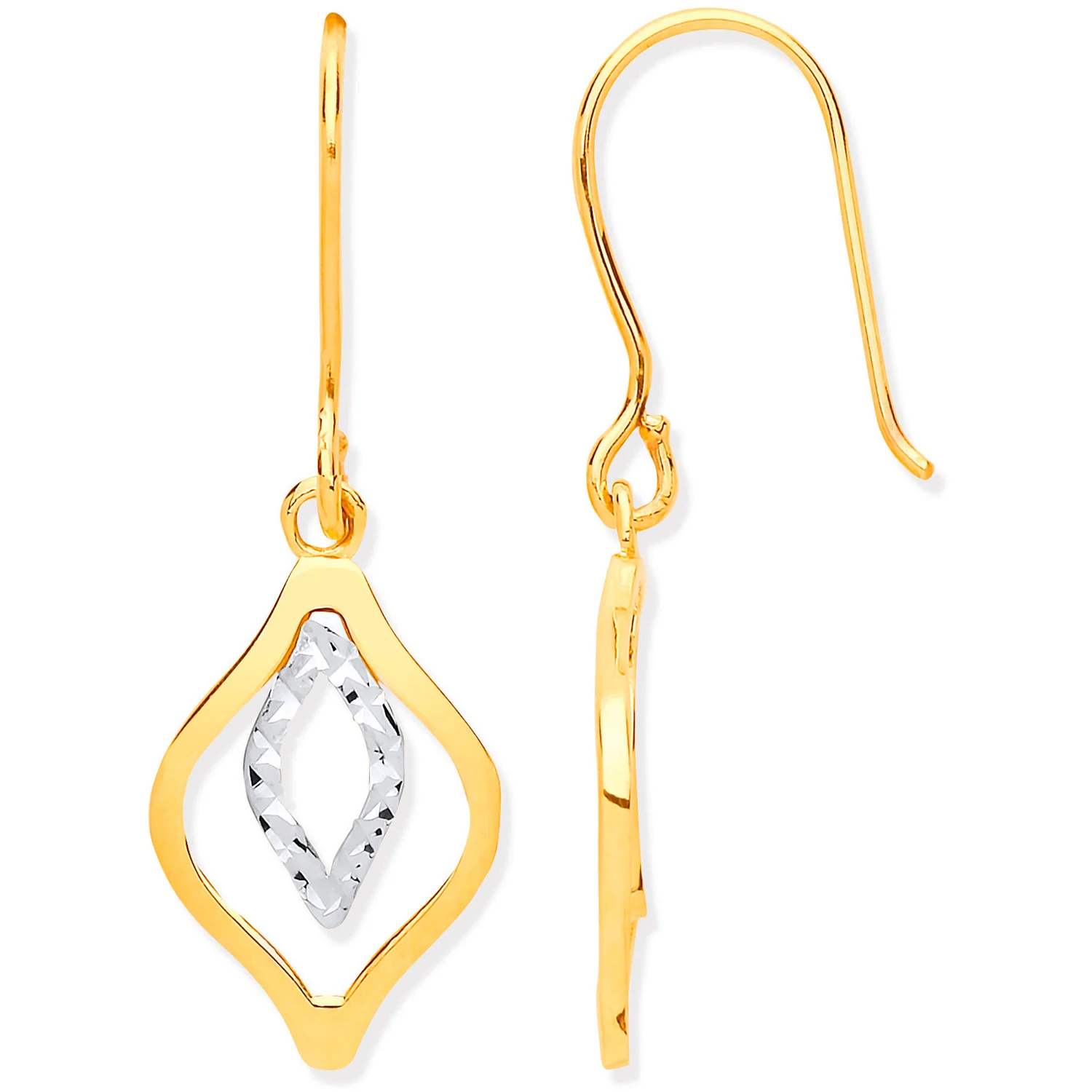 Yellow & White Gold Rhombus Shaped Hook Earrings - 9ct Gold - Image 3