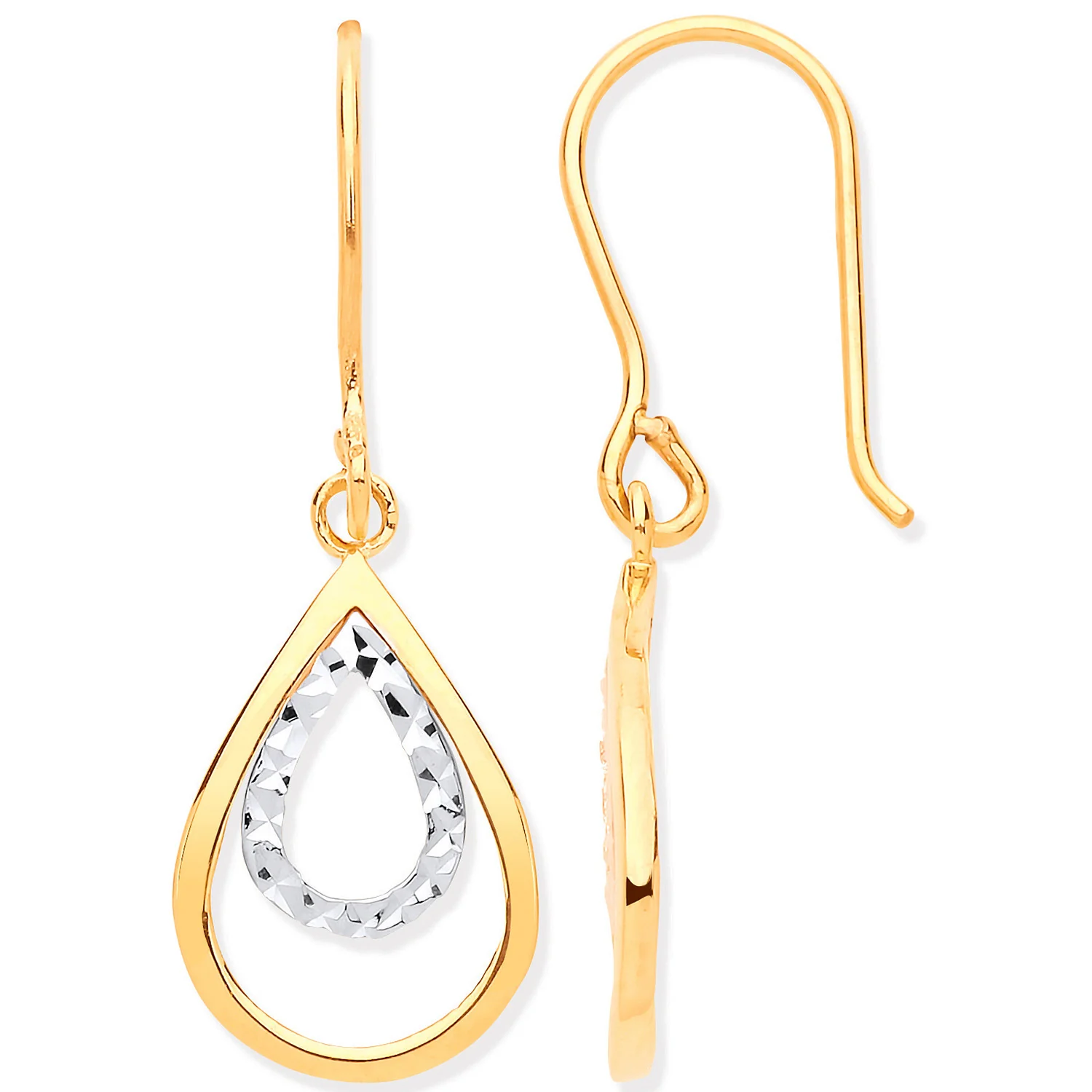 Yellow & White Gold Teardrop Shaped Hook Earrings - 9ct Gold - Image 2