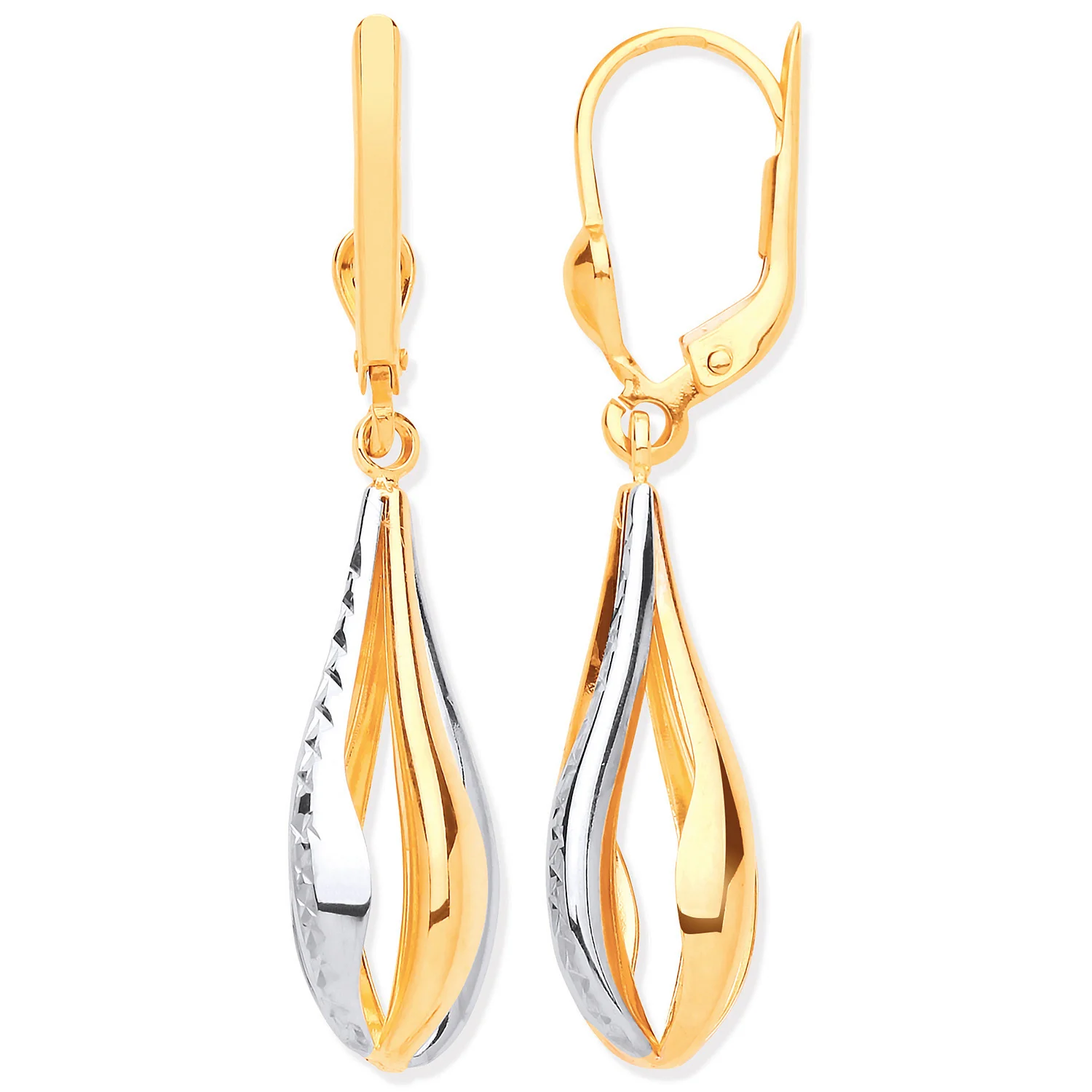 Yellow & White Gold Teardrop Style Earrings - 9ct Gold - Image 2