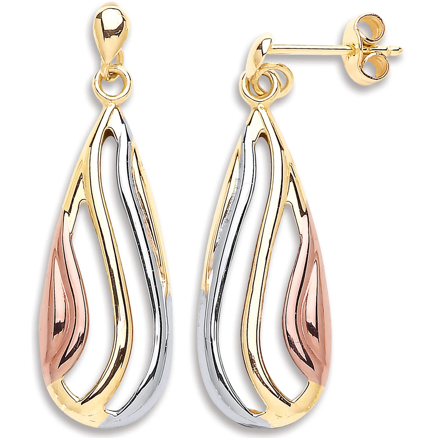 Yellow White & Rose Gold Teardrop Earrings - 9ct Gold - Image 2