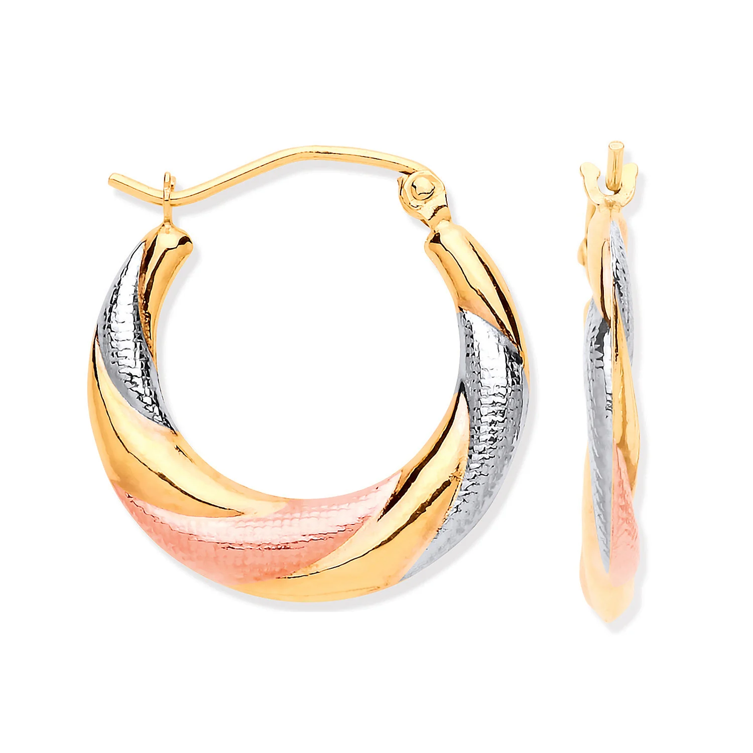 Yellow, White & Rose Gold Twist Hoop Earrings - 9ct Gold - Image 2